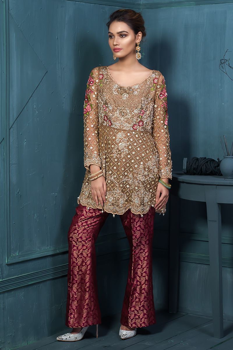 Fabric overview Full Mesori Embroidery suit with Mesori dupatta. Jamawar. Trouser Embroidery details Front embroidered Back daman Embroidered with  Sequence work Sleeves Embroidered Heavy Embroidered Mesori Dupata. Jamawar  Trouser